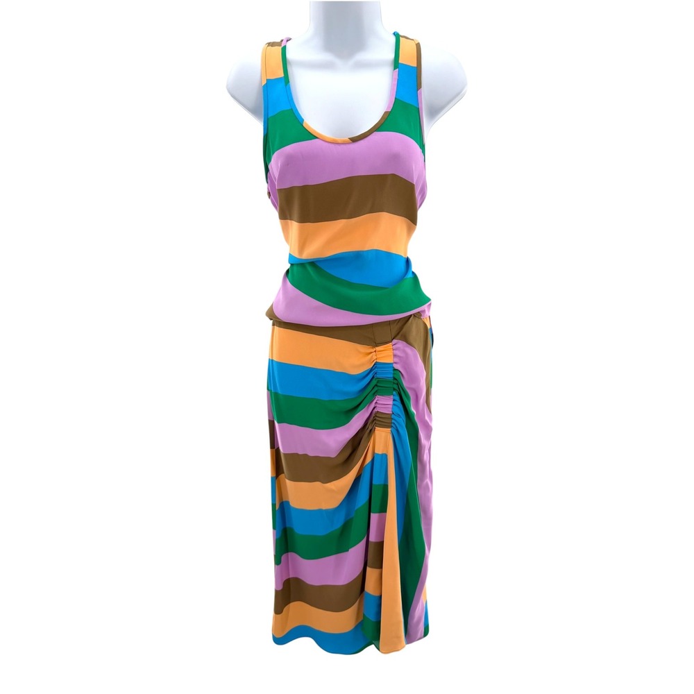 Tibi Striped Viscose Tank & Skirt Set Women‎ 2 / 0 Midi Ruched Colorful Summer